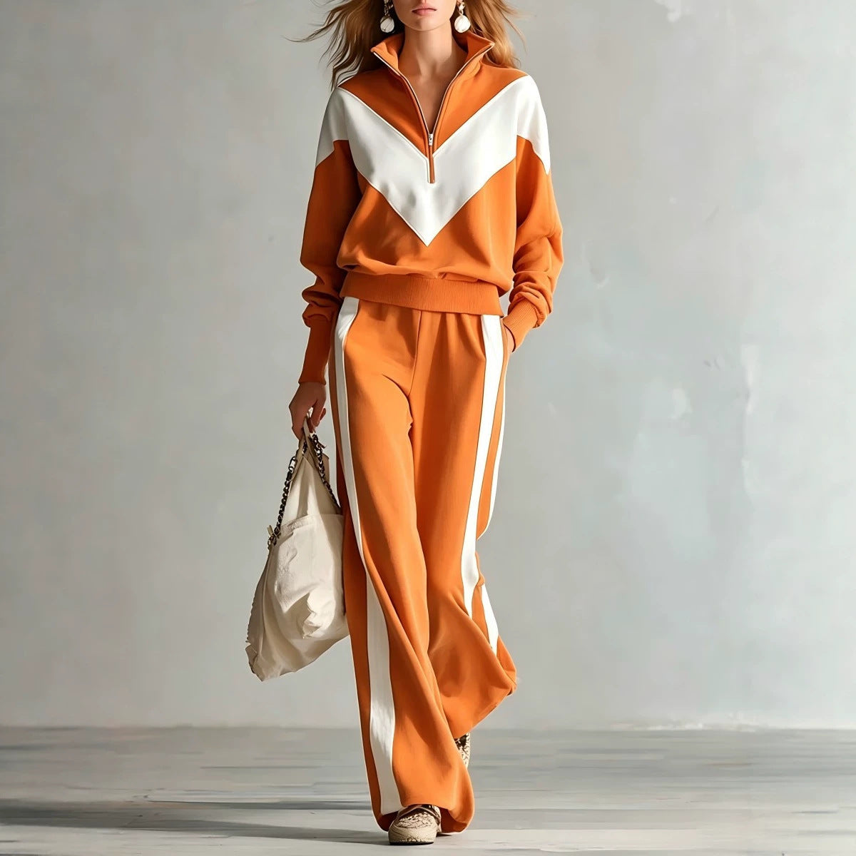 Women's Colour-Block Chevron Half-Zip Sweatshirt & Wide-Leg Side-Stripe Tracksuit Set