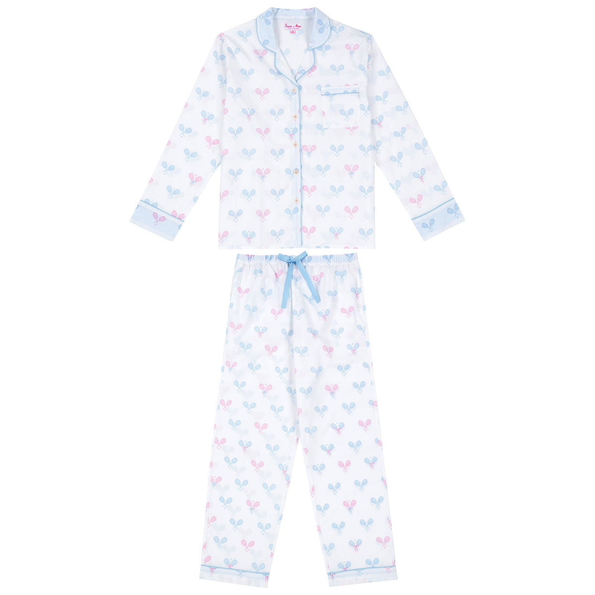 Women's Tennis Bows Long PJ Set - Blue Pink Organic Cotton Poplin