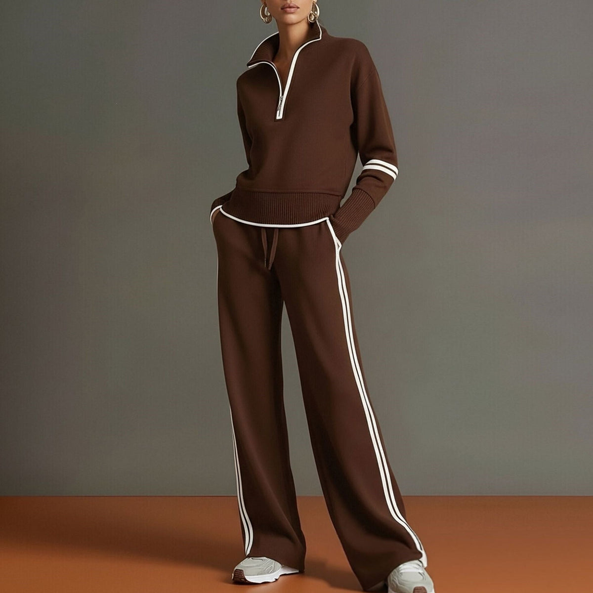 Women's Half-Zip Striped Sweatshirt & Wide-Leg Pants Set